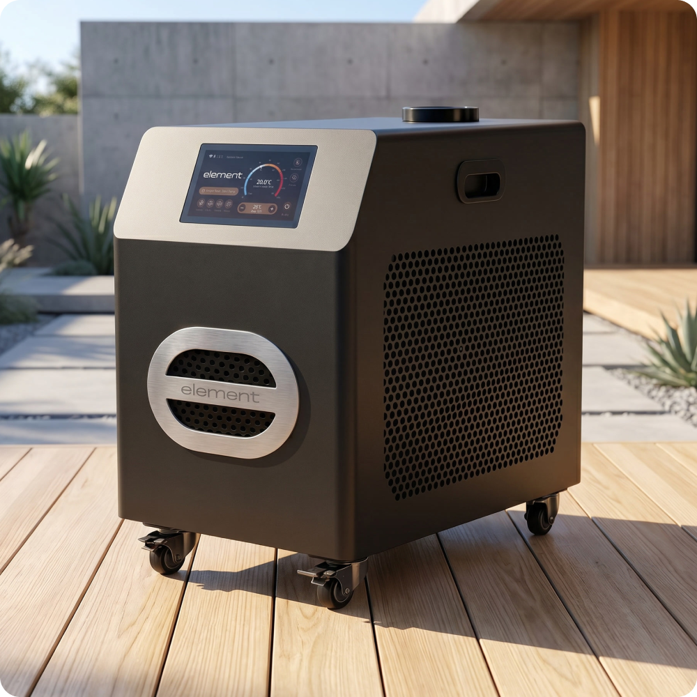 Nova chiller showing its touchscreen, water-care access and ventilation